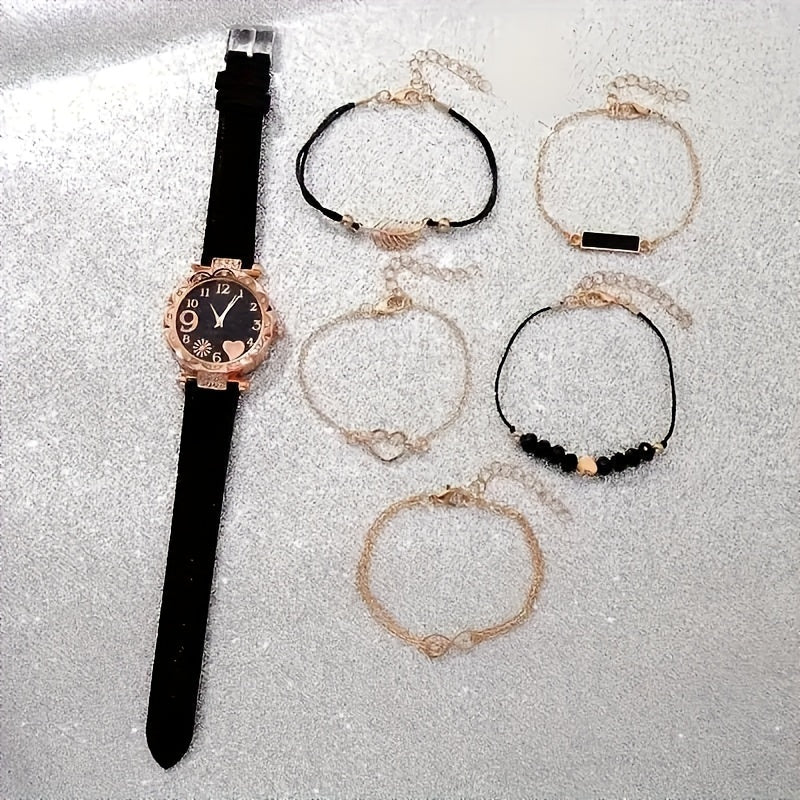 6pcs Elegant Flower Watch Rhinestone Quartz Watch Analog PU Leather Wrist Watch & Bracelets, Gifts for Women Her