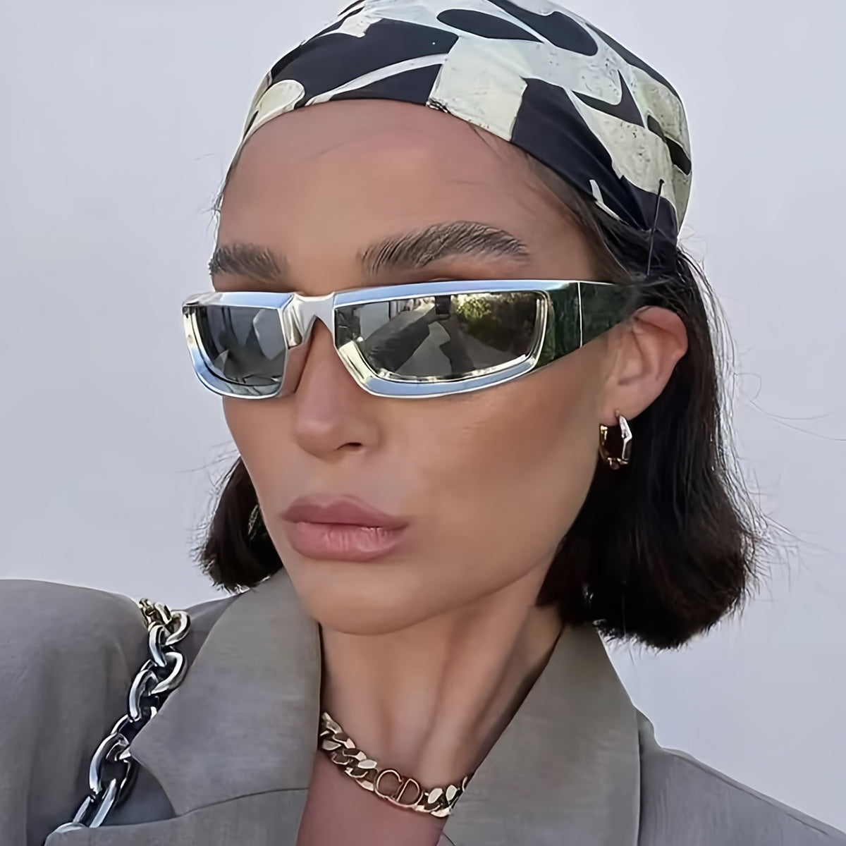A Pair Of Polygonal Wrap Shape Y2K Future Wind Technology Sense Silvery Coated Mirror Fashion Glasses, Glasses Cloth, Glasses Case, Glasses Storage Case