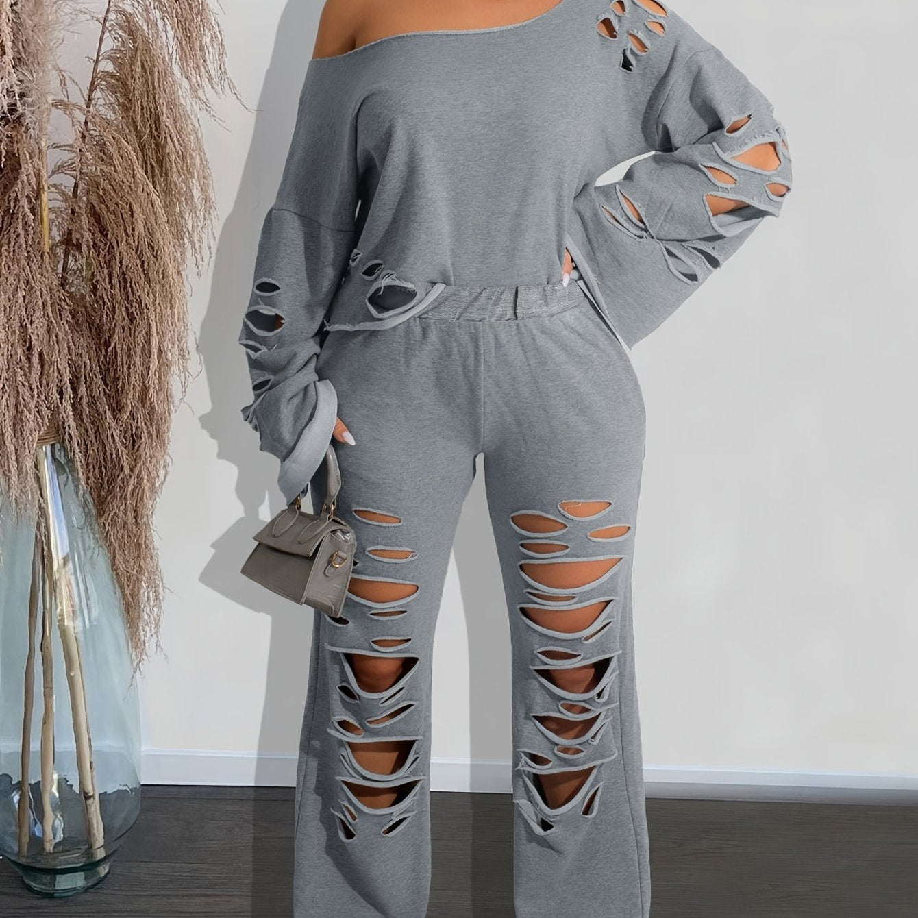 Casual Solid Cut Out Two-piece Set, Long Sleeve Asymmetric Top & Long Pants Outfits, Women's Clothing