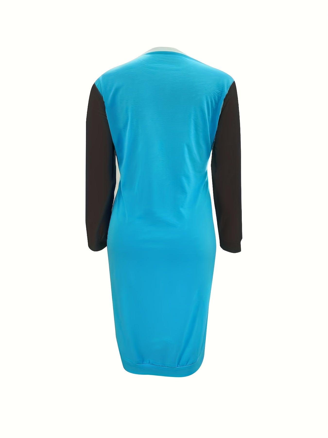Plus-Size Casual Dress for Women, Featuring a Stylish Printed Color-Blocked Design with a Slit, Resembling a Sweatshirt Dress.