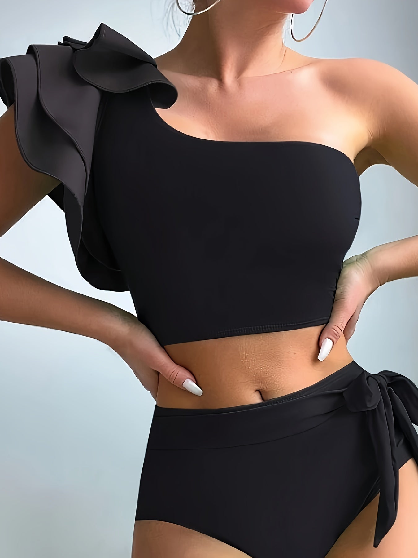 Asymmetric Ruffle Knot Side 2 Piece Set Bikini, One Shoulder Plain High Waisted Stretchy Swimsuits, Women's Swimwear & Clothing
