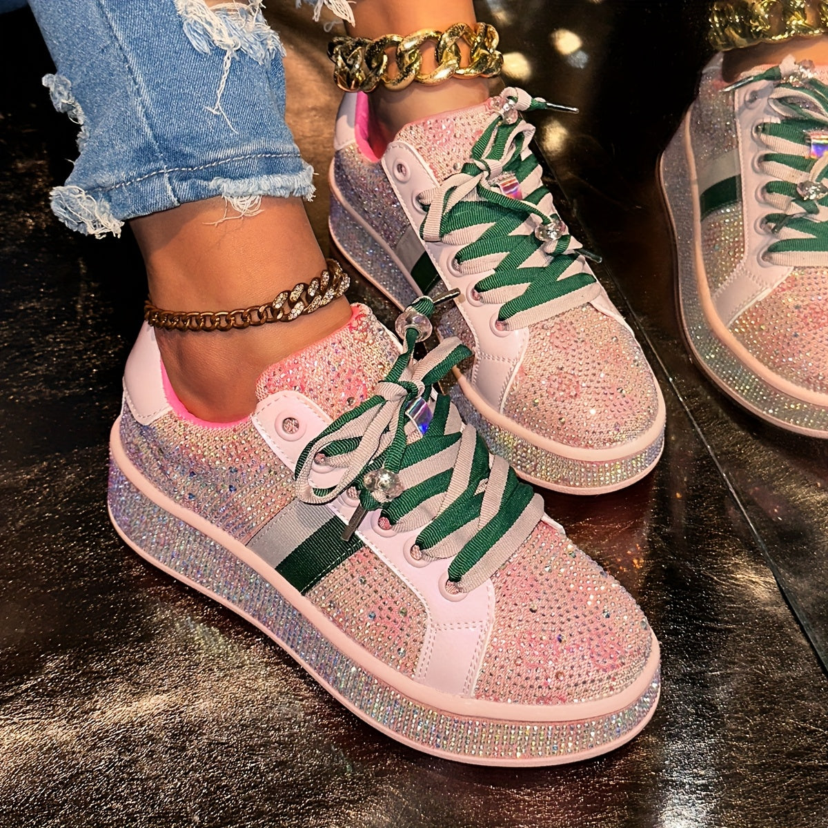 Women'S Fashion Sneakers - Sparkling Glitter Design, Comfortable Low Top Lace-Up Shoes with Red and Green Laces, All-Season Casual Streetwear, Casual Streetwear Sneakers | Glittery Sneakers | Synthetic Sneakers