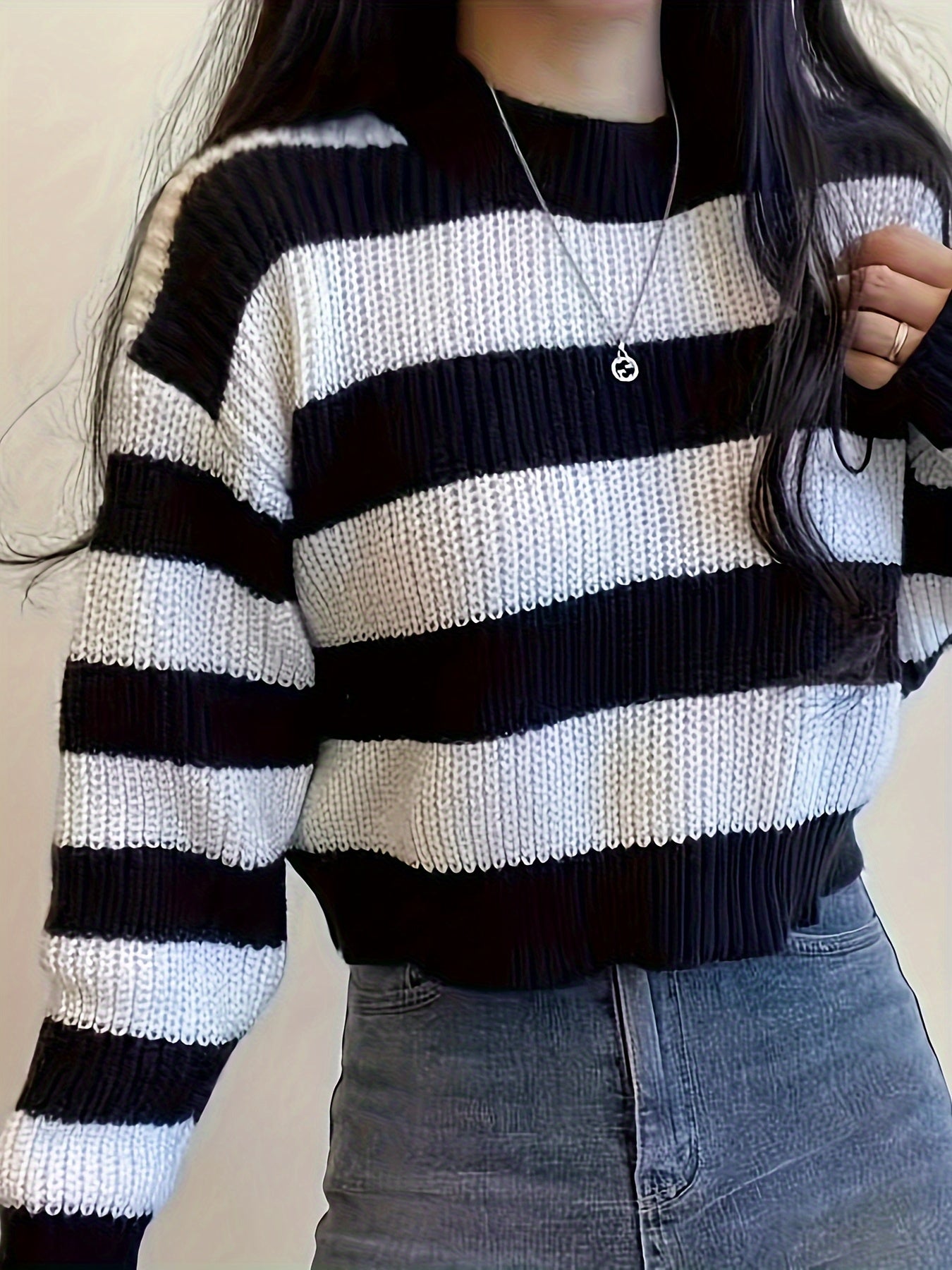 Women's Striped Long Sleeve Sweater - Casual Loose Fit, Black and White Knit Pullover for Fall, Soft Polyester Blend, Spring Summer Apparel|Horizontally Striped|Knit Texture