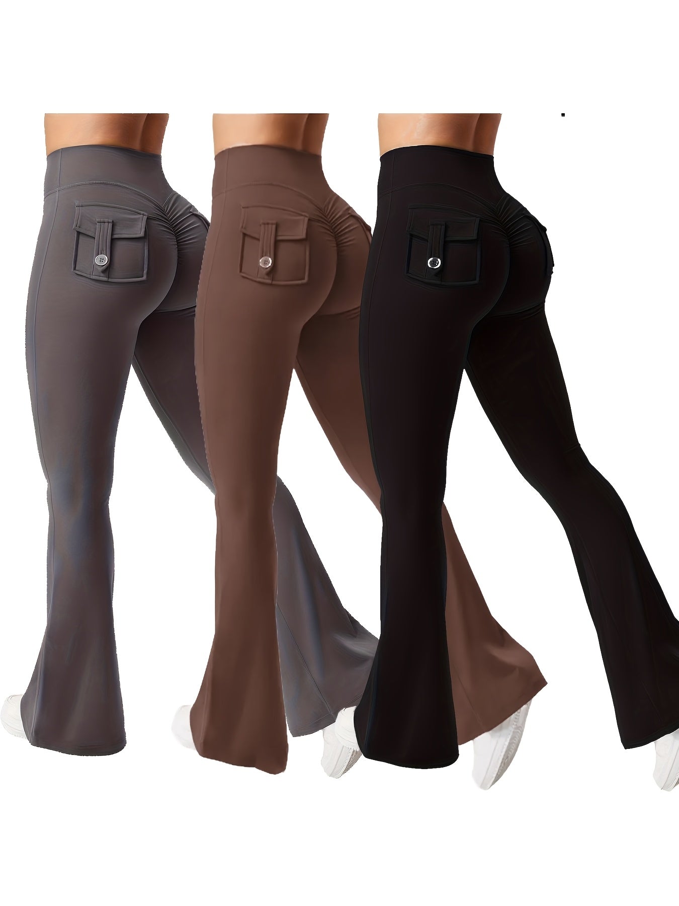 3pcs Of Black, Gray And Green Fashionable Workwear Style Bell Bottoms, Women's Casual Bell Bottoms, High Waist Pocket Sportswear, Work Style Peach Hip Pants, Sports Quick-drying Tummy Control Butt Lifting Trousers Flare L