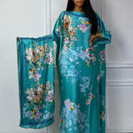 WINYI Women'S Long Kaftan Dress, Polyester 100% Crew Neck Tunic with Belt, Loose Fit All Over Print, Middle Eastern Bohemian African Style, Beach Cover Up, Elegant Evening Abaya for Dubai, Spring/Summer Collection