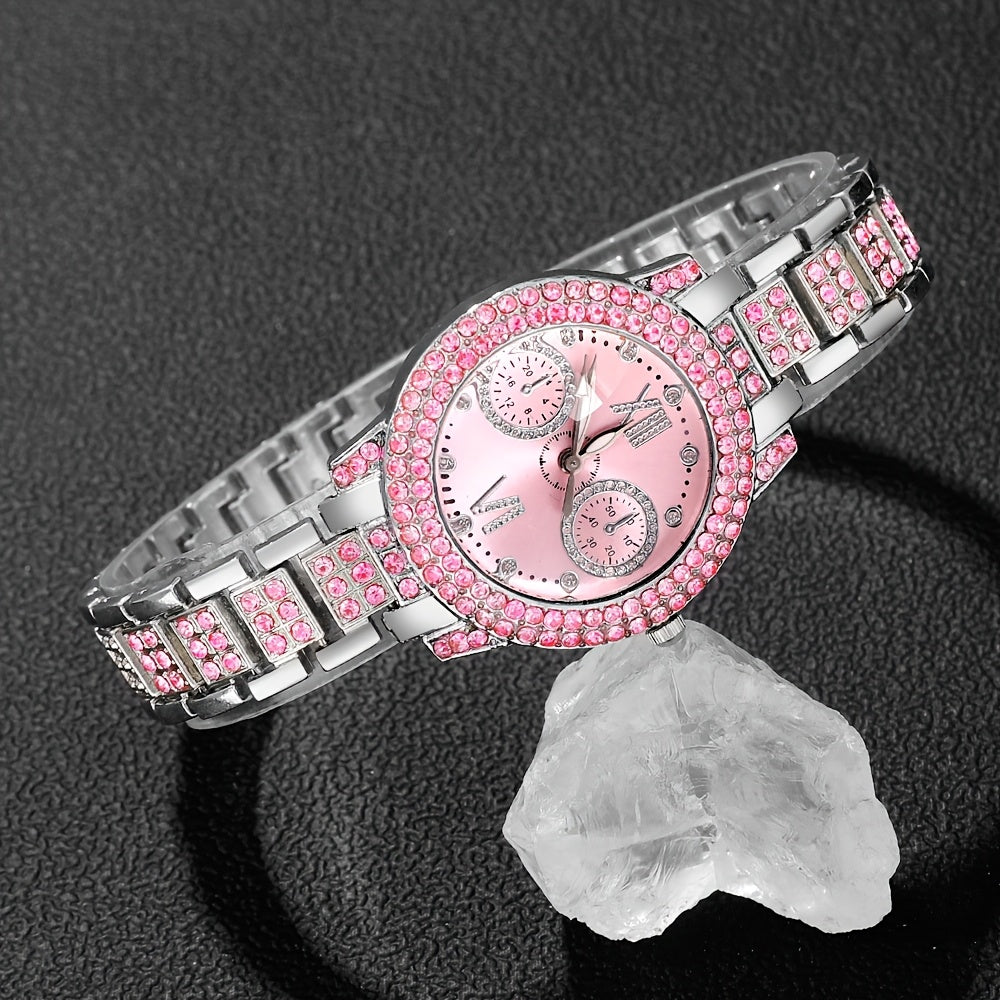 A Fashionable Holiday-style Pointer-type Ladies' Quartz Watch Set Of 4 Pieces, Exquisite And Shiny Ladies' Watch Set, 1 Watch + 3 Jewelry Set, Selected Ladies' Watch Set