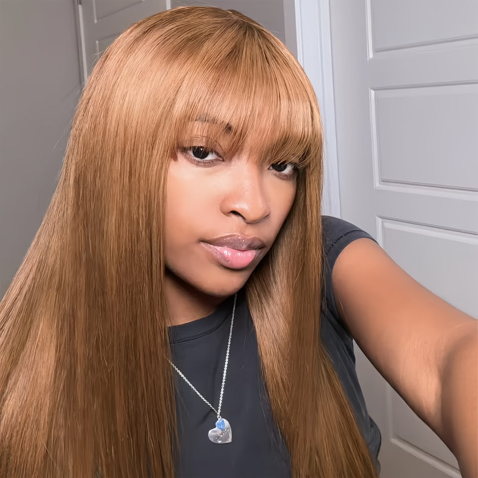 Light Brown Layer Cut Straight 13x4 Transparent Lace Front 180% Density Human Hair Wigs With Bangs For Women HDZ