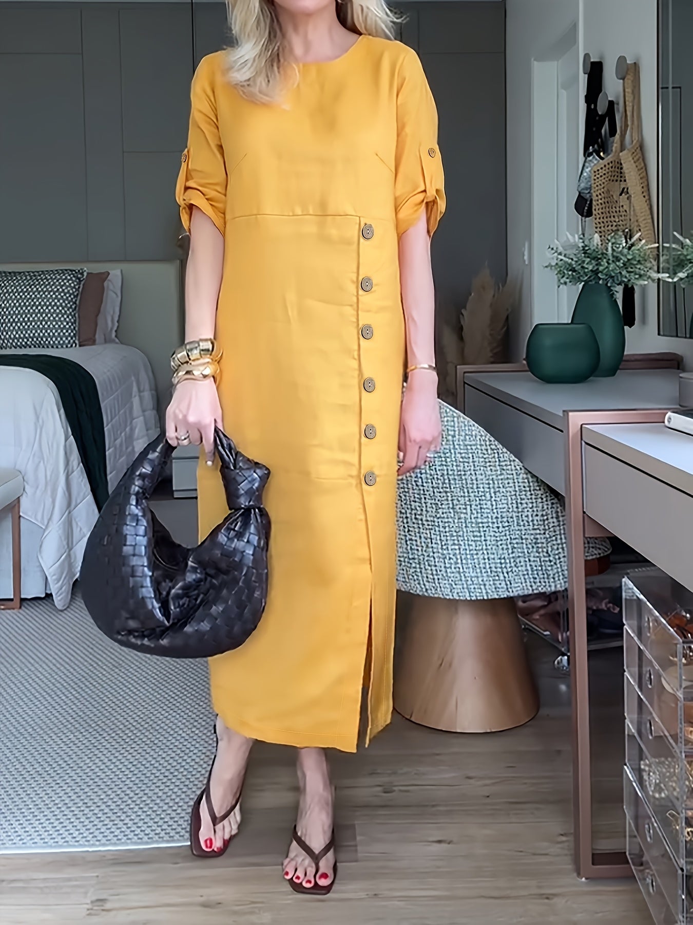 Elegant Mustard Yellow Women's Maxi Dress with Front Button Detail - Cinched Waist, Half Sleeve, Round Neck - Spring/Summer Fashion for Adults