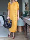 Elegant Mustard Yellow Women's Maxi Dress with Front Button Detail - Cinched Waist, Half Sleeve, Round Neck - Spring/Summer Fashion for Adults