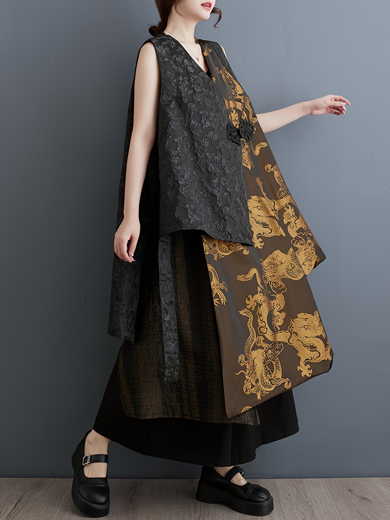 1pc Elegant Plus Size Golden Dragon Print Sleeveless Kimono Cardigan - Casual Polyester Woven Outerwear with Asymmetrical Hem and Criss-Cross Neck Design