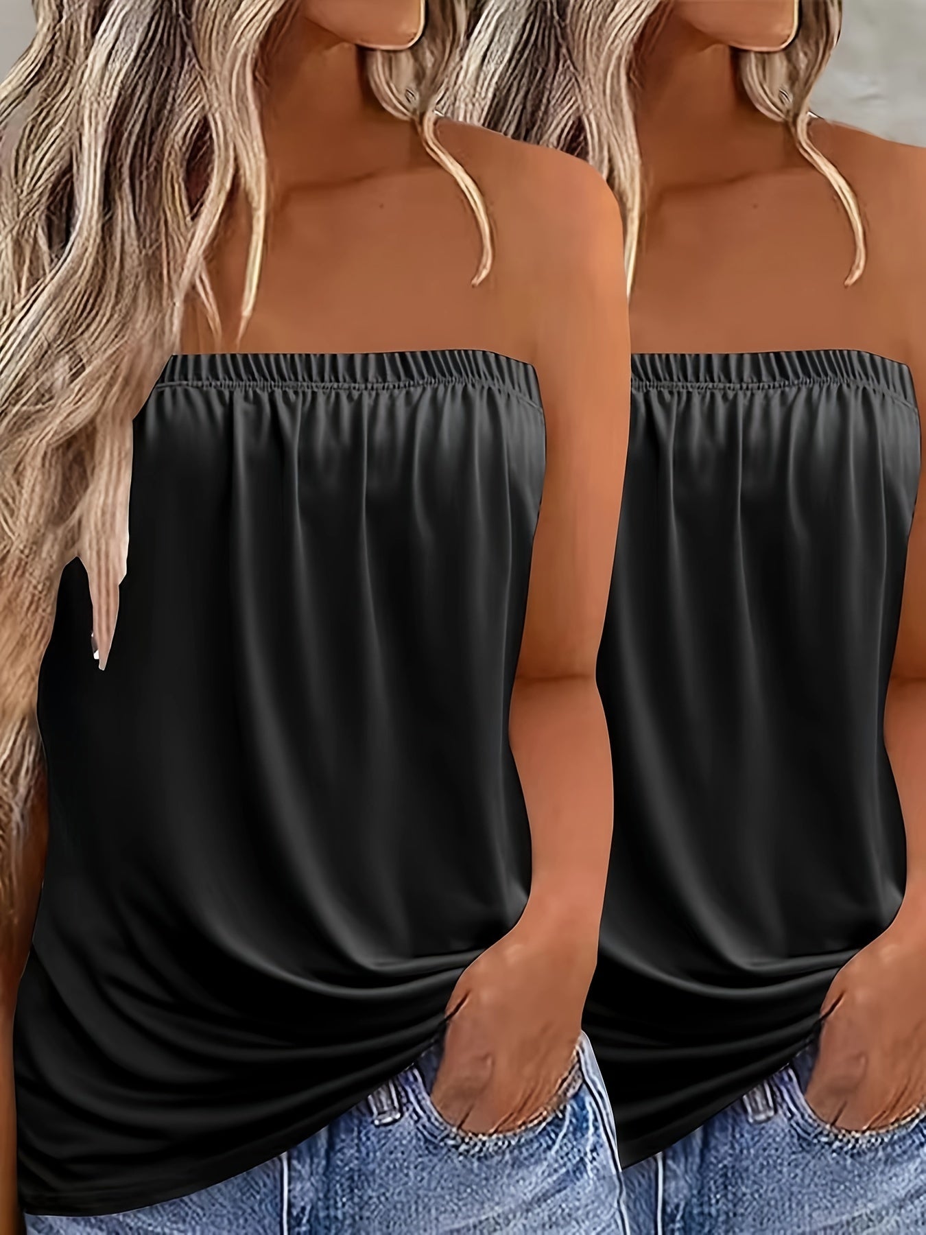 2-Pack Elegant Strapless Bandeau Top, Solid Color Jersey Knit Fabric, Stretchy Polyester 100% Sleeveless Backless Summer Tank Tops
