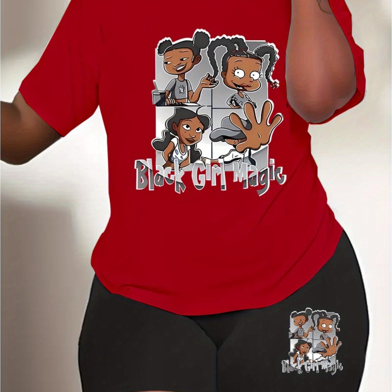 Women's casual cartoon print, polyester knit T-shirt and shorts leggings set, crewneck short sleeves, regular fit, all seasons