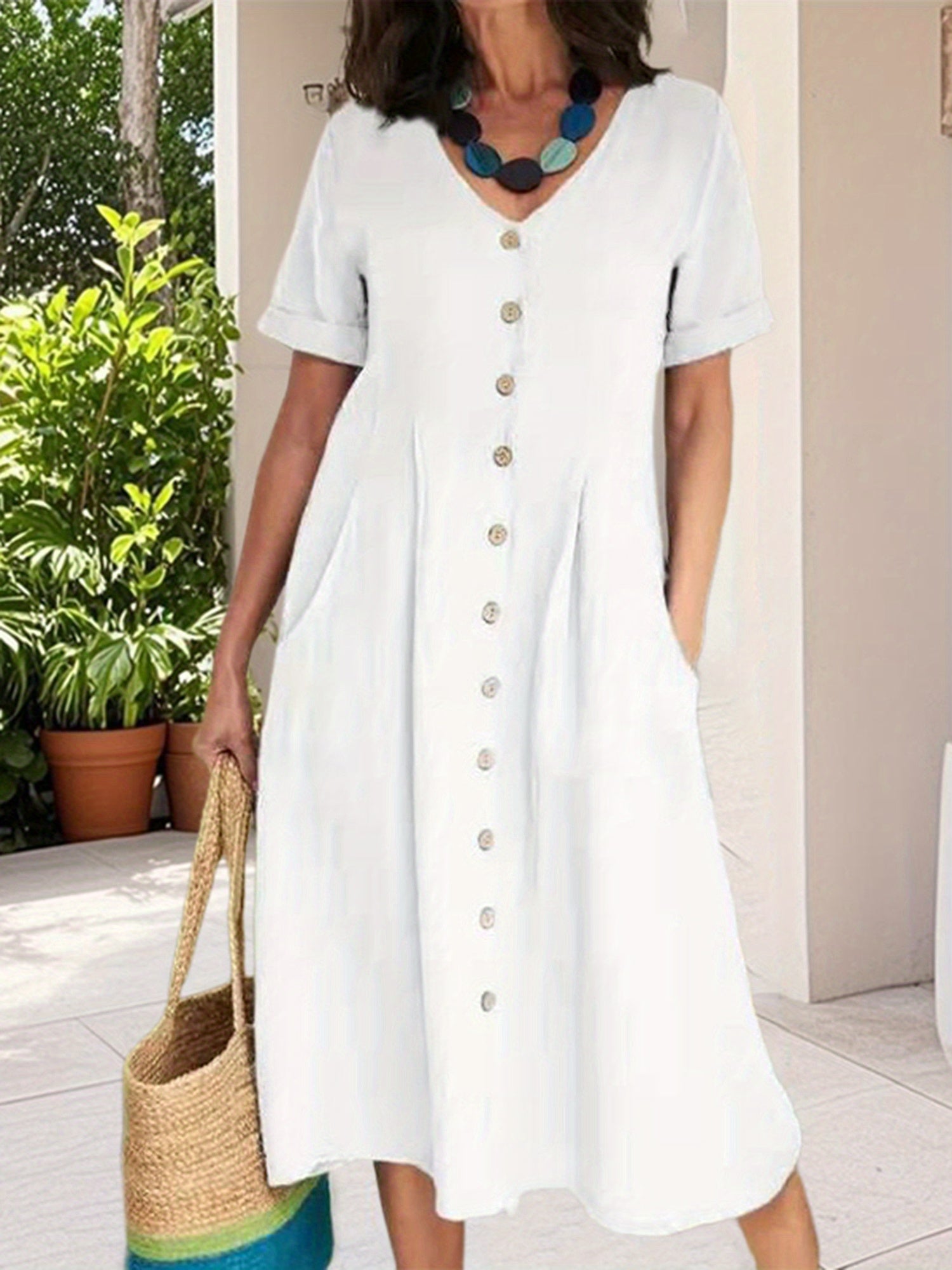 Ladies' Summer Casual Button Mini Dress, Pleated Short-Sleeved Solid Color Loose High-Waisted And Linen Dress