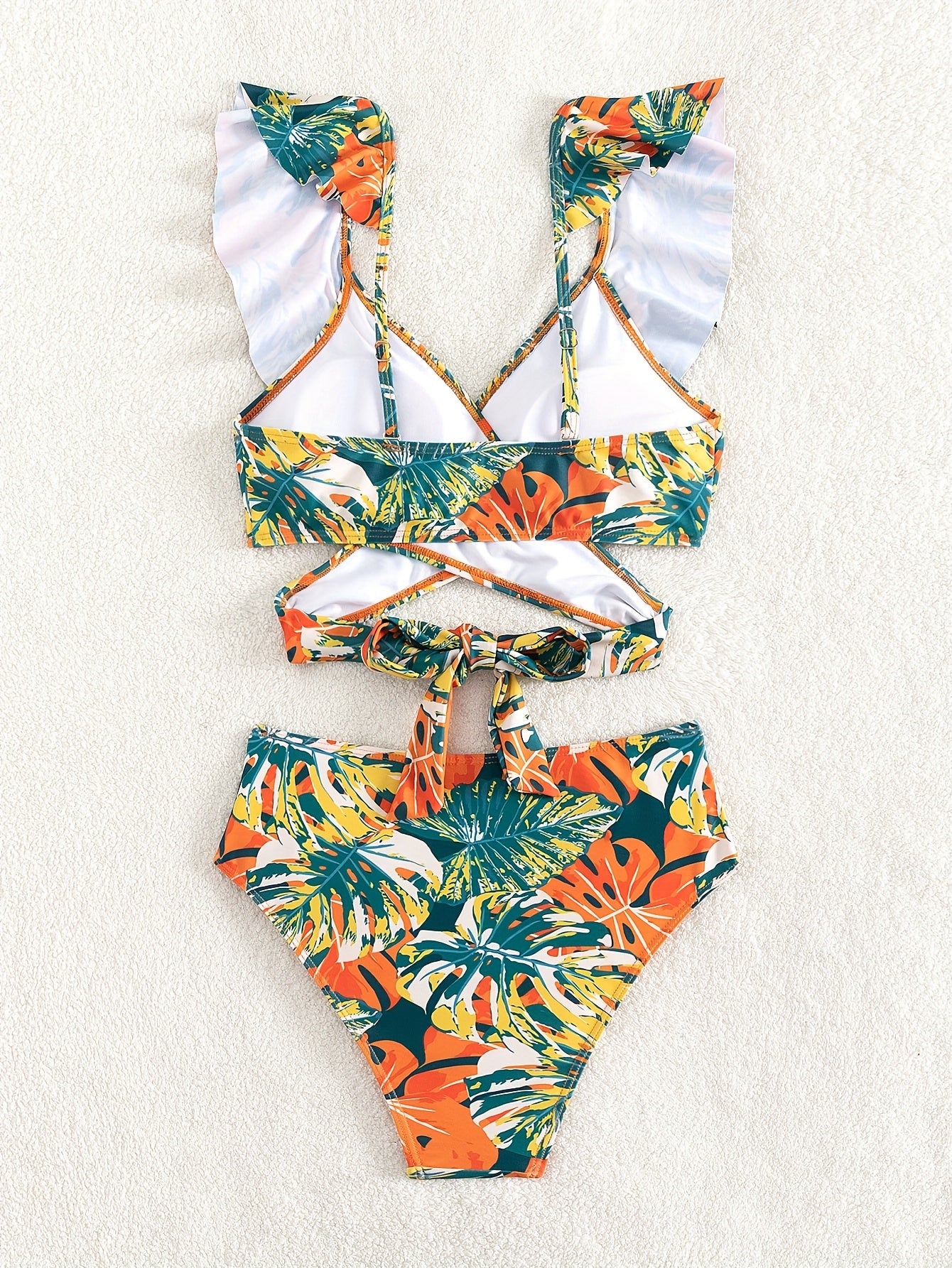 Floral Print Two-piece Bikini with Front Cross and Rear Tie and High Waist with Lotus Leaf Hem