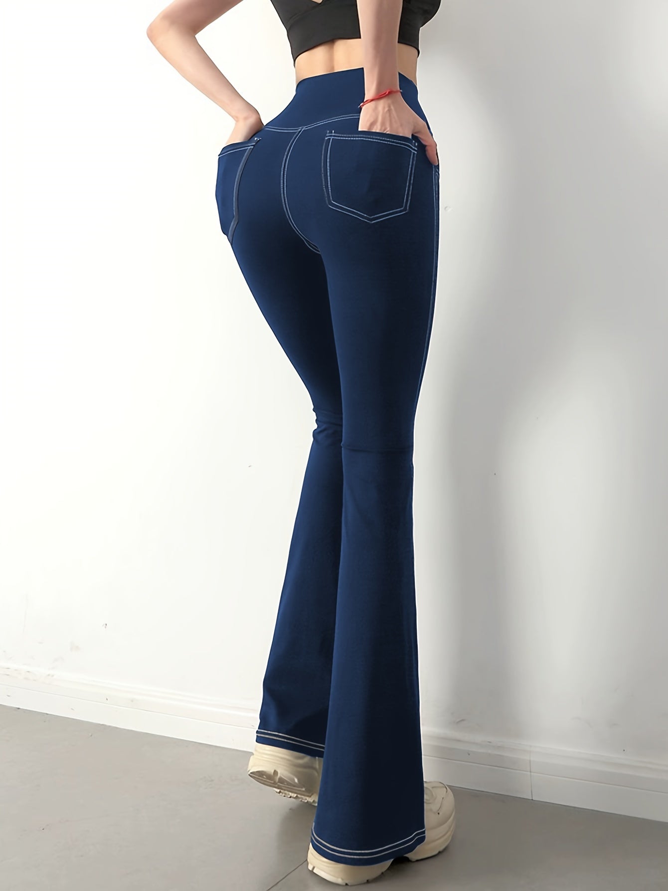 Solid Color Imitation Denim Yoga Pants With Pockets, Sports Fitness Yoga Running Flared Leggings, Women's Clothing Wide Waistband