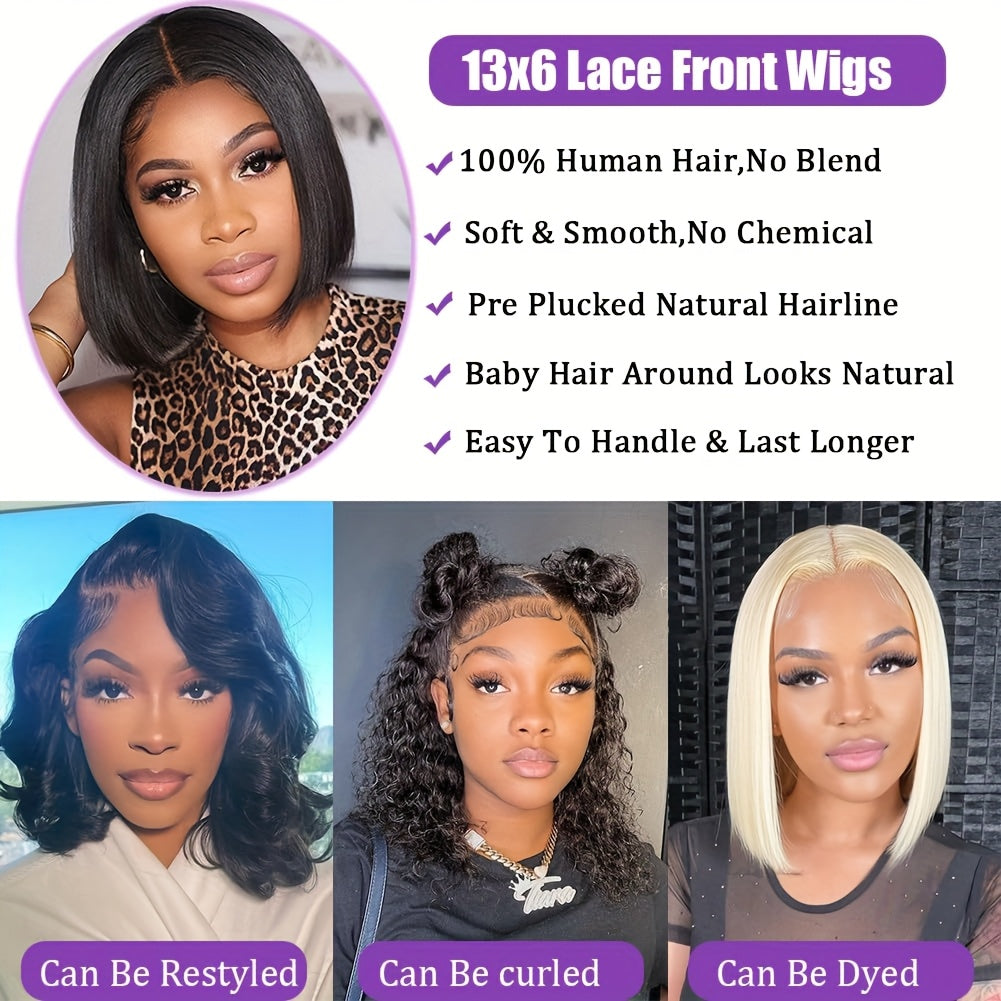 13x6 HD Transparent Lace Front Bob Wig Human Hair - Glueless Pre-Plucked 180% Density Short Straight Natural Looking Human Hair Wig for Women, All Ethnicities, Short Hair Wig, Fashion Accessory, Versatile Hair Wig, Elegant Ha