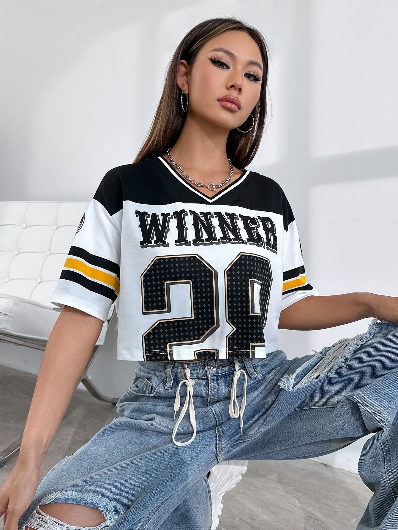 [Sporty Chic] Women's Contrast Color V-Neck Crop Top T-Shirt - "WINNER 23" Graphic, Casual Sporty Style, Short Sleeve, Polyester Blend, White & Black with Yellow Stripes, Spring/Summer/Fall Wear