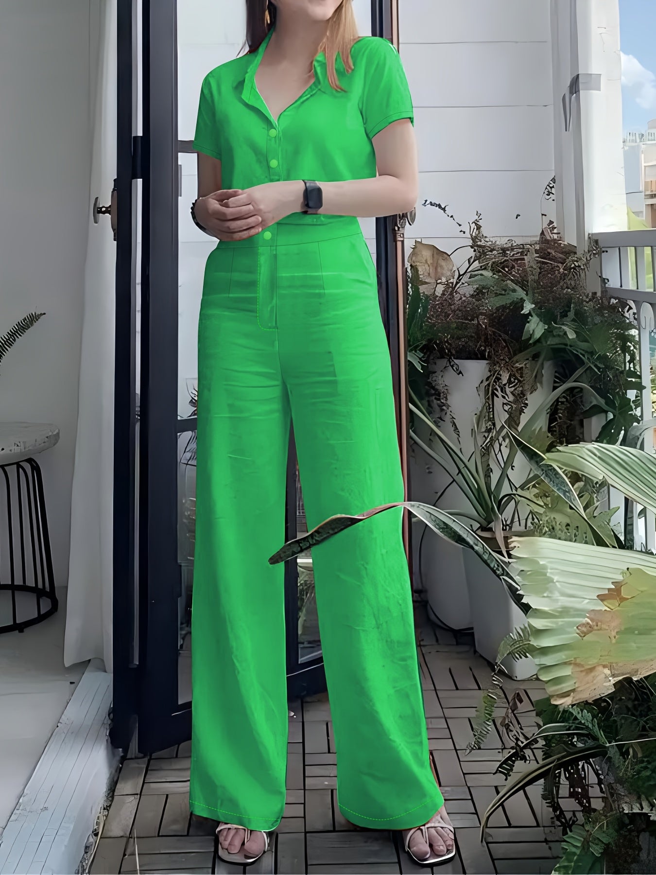 Women'S Solid Color Short Sleeve Shirt and Long Pants Elegant Two-Piece Set