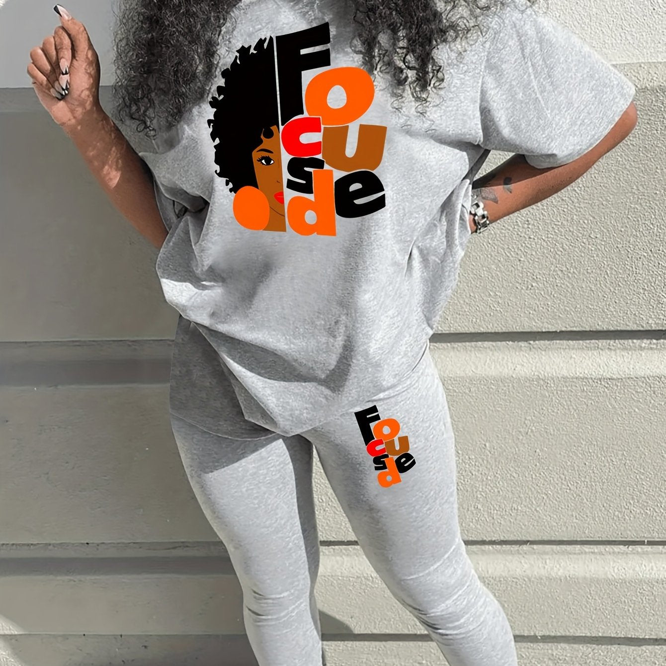 graphic print two piece set, short sleeves & pants, Women's clothing