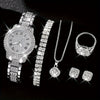 6pcs Elegant Women'S Jewelry Set - Zinc Alloy Body with Rhinestone Embellishments, Includes Quartz Roman Numerals Watch, Bracelet, Ring, Earrings, and Pendant Necklace - Versatile for Daily Wear and Gifting
