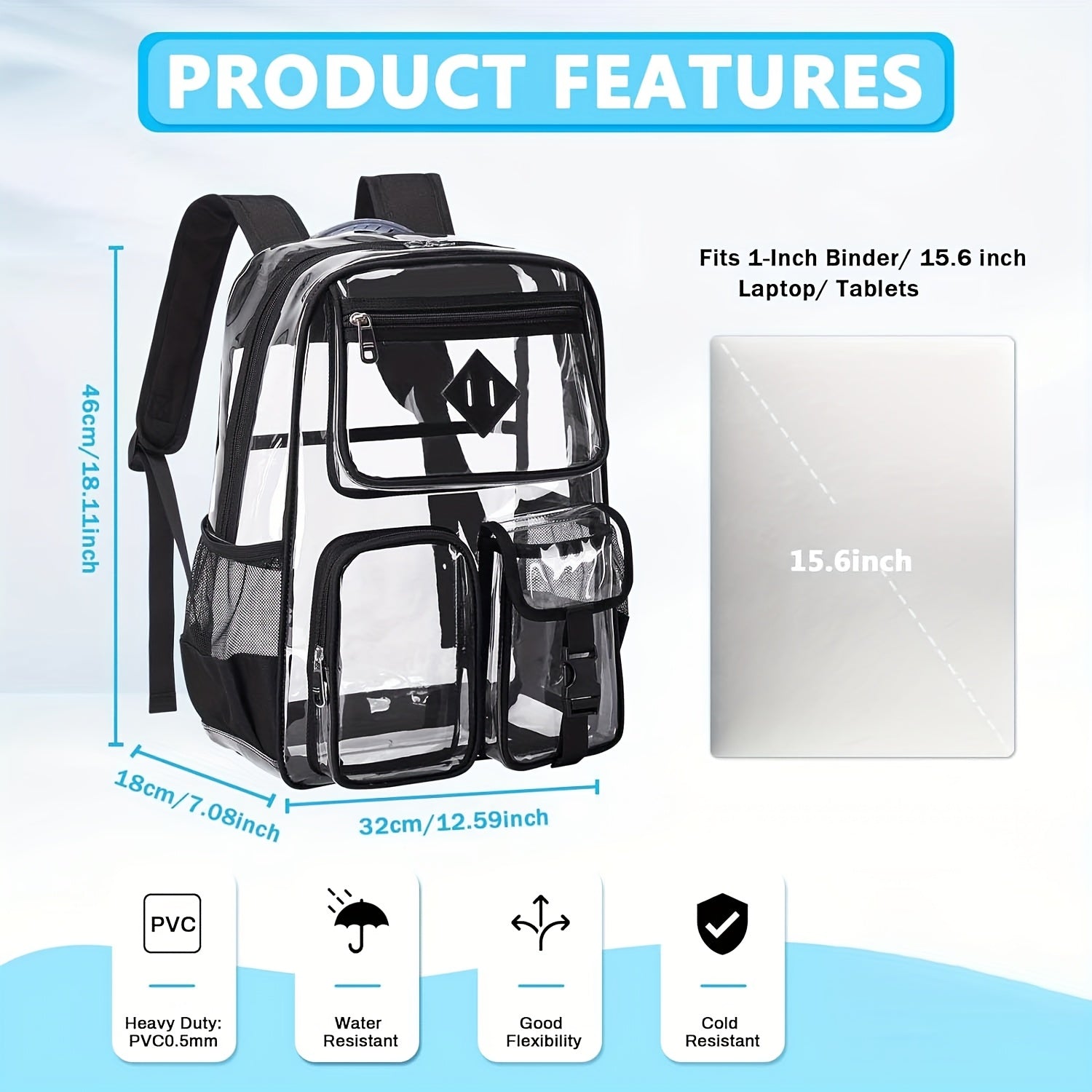 Adjustable Strap Clear Backpack for Women - Heavy Duty PVC Transparent Bookbag, Stadium-Approved, See-Through Design with Multiple Compartments for School and Casual Use