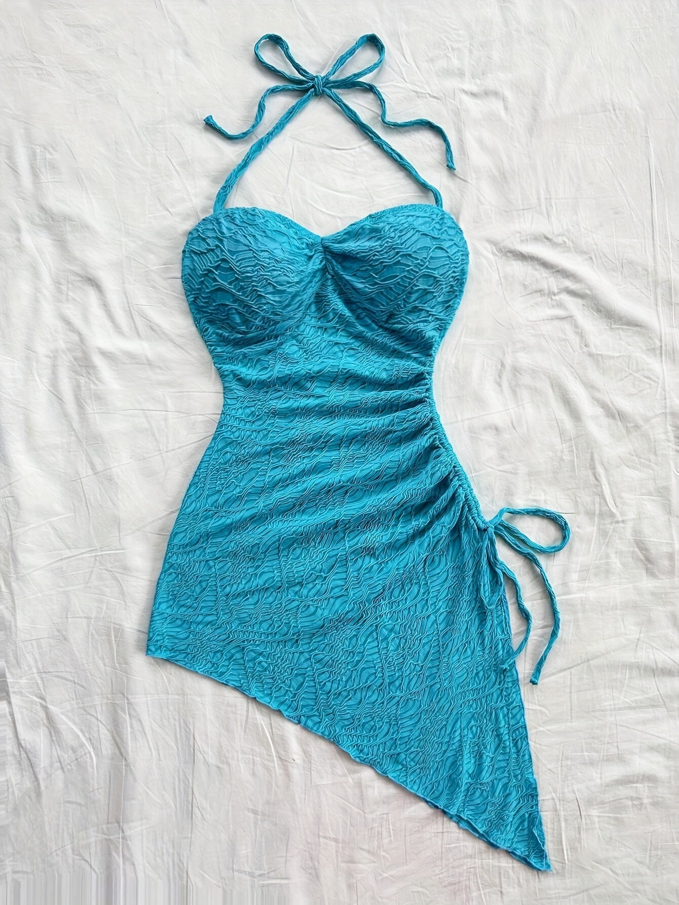 Women's Summer Jacquard Halter Dress with Asymmetrical Hem and Drawstring Detail - Vibrant Teal Blue, Vacation-Ready Wrap Style, Polyester Fabric, Perfect for Beach or Casual Outings, Beach Dress