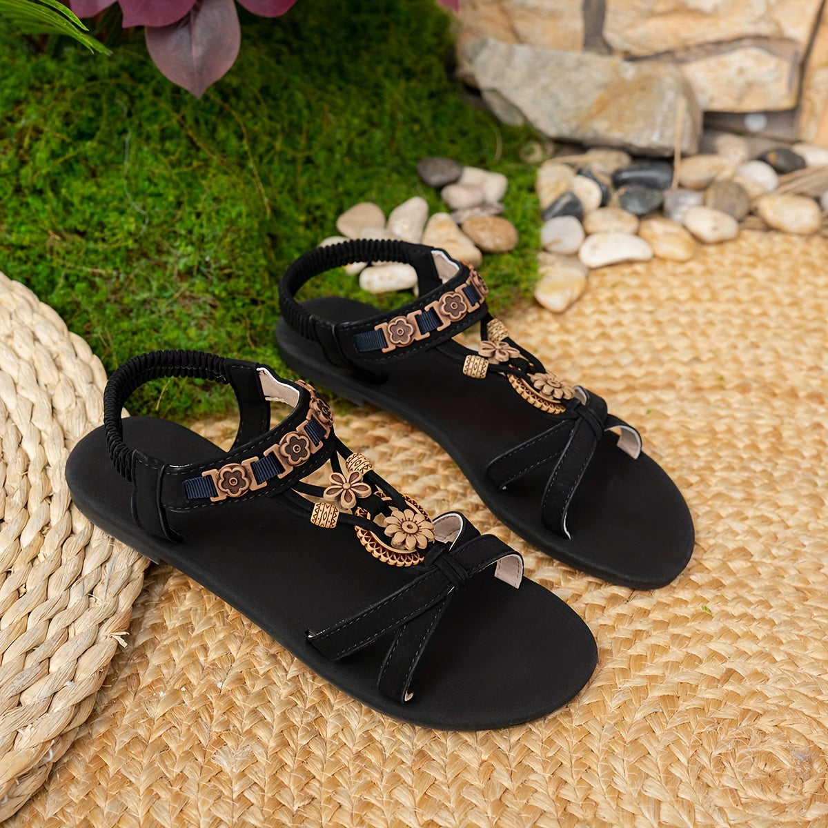 [Beaded Flower Sandals] Bohemian Round Toe Beaded Flower Flat Sandals for Women, Beach Shoes