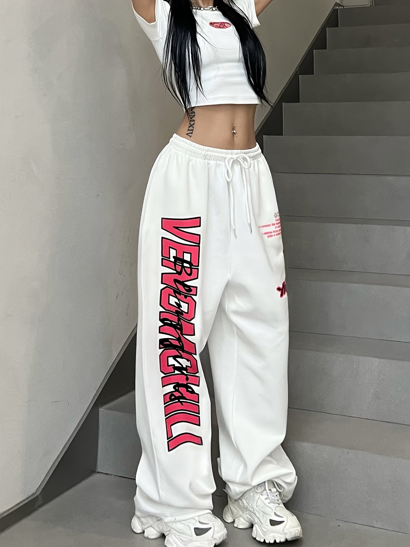 [All-Season Comfort Veronica Pants] Women's Casual White Jogger Pants with Bold "VERONICA" Print - Polyester, Drawstring Waist, Machine Washable, All-Season Comfort