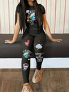 Graphic Print Two-piece Set, Casual Short Sleeve T-shirt & Skinny Pants Outfits For Spring & Summer, Women's Clothing