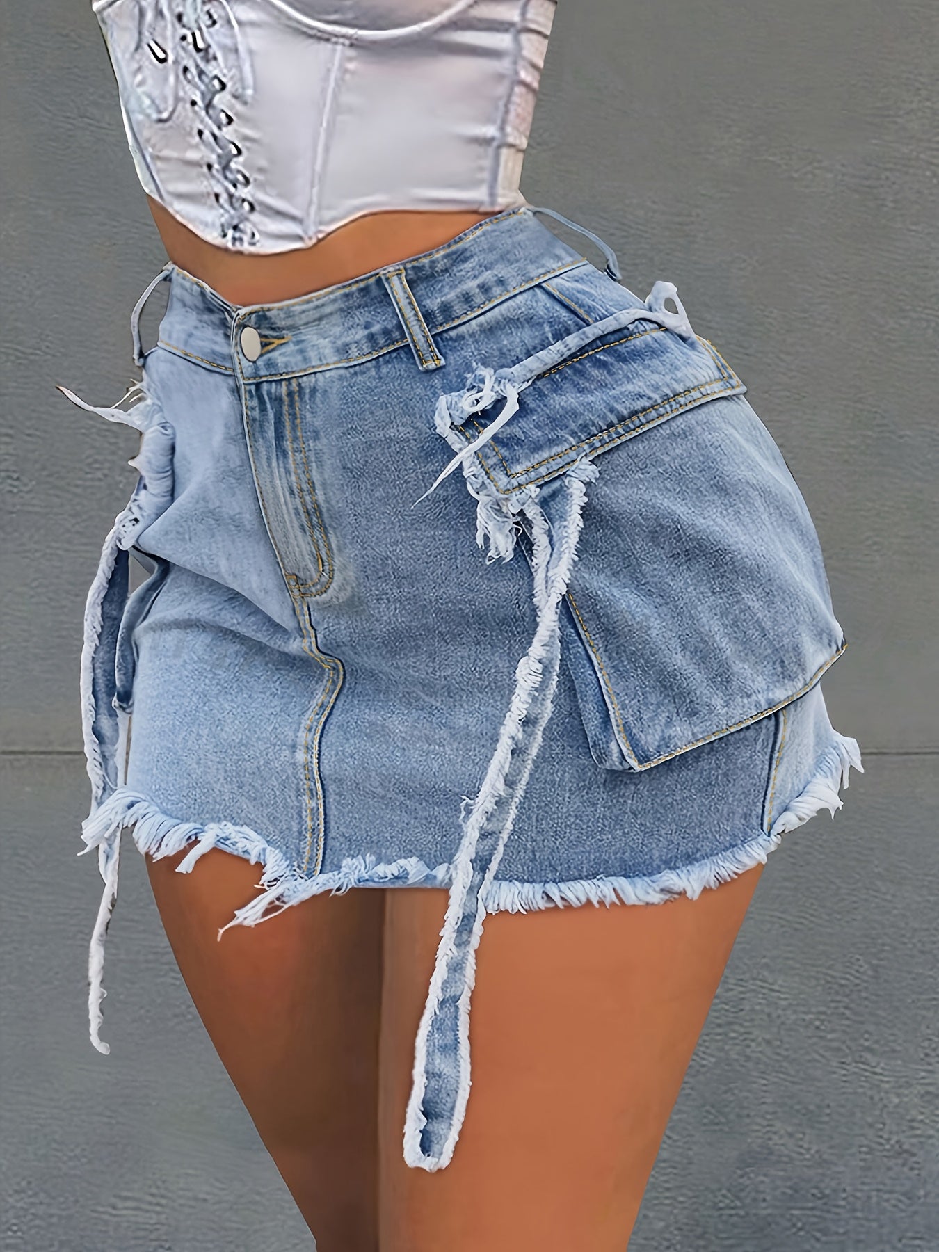 High-Waist Blue Denim Skirt with Frayed Hem & Flap Pockets - Stretchy, Comfortable, Street Style Summer Women’s Jean Overskirt, Jean Skirt