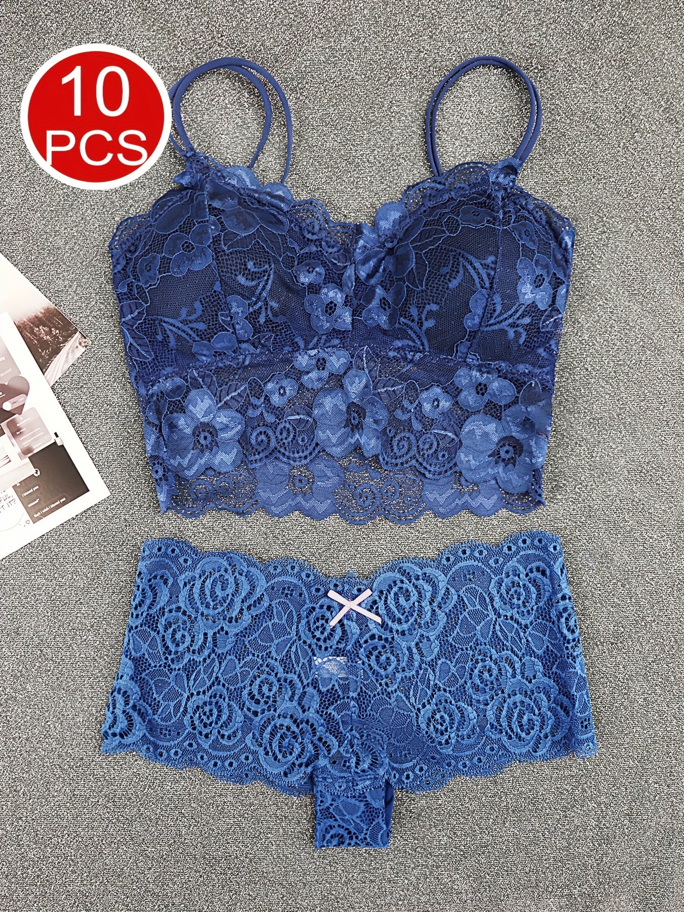 10pcs Women's Lace Trim Bra & Panty Set - 6 Colors, S-XL, Nylon Spandex Blend, Mid-Rise Waist with Bow Design, Comfortable Everyday Lingerie Set, Breathable Underwear & Supportive Bras for Women