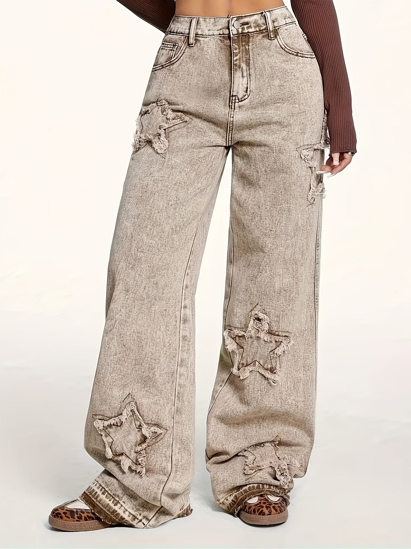 Women'S Straight Ankle Jeans, High Waisted Wide Leg Denim Pants For Women, Stretchy Ladies Pull-On Bottom Jeans, Ripped Comfort Loose Fit