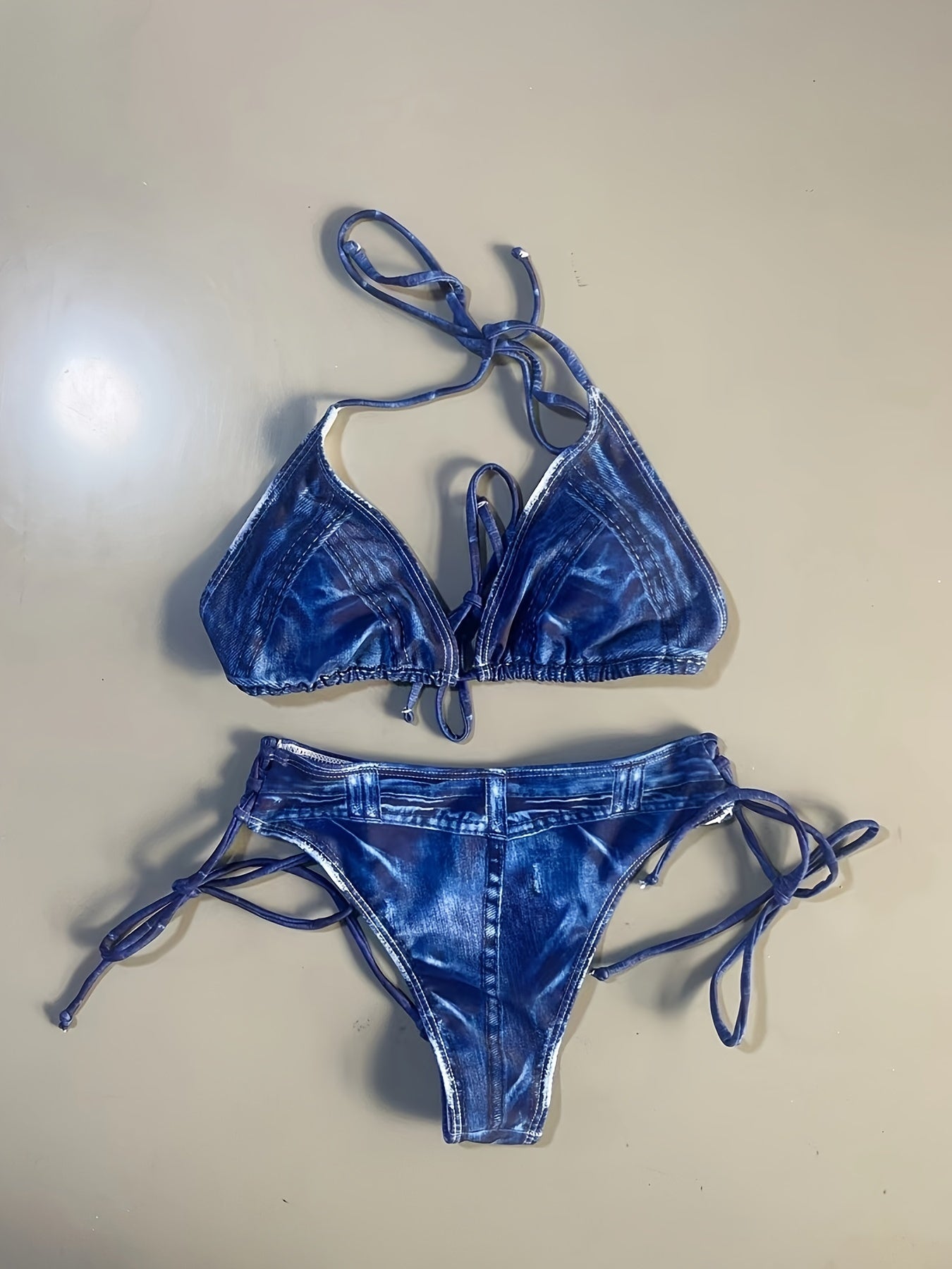 2 Piece Faux Denim Print Triangle Bikini Set - Tie Strap Halter Backless Design, Adjustable Straps, Ruffled Trim, Women's Swimwear & Clothing for Summer Beach Vacation
