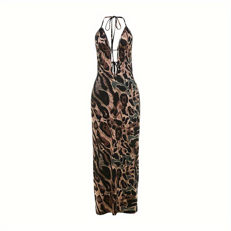 Women's Summer Halter Neck Leopard Print Long Dress with Hollow Detail - Polyester Blend Sheath Bodycon Maxi with Sleeveless Design for Evening Party