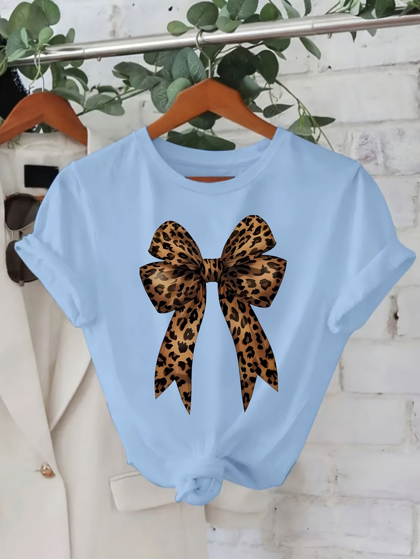 Women's Casual Leopard Print Bowknot T-Shirt - Short Sleeve, Round Neck, Soft & Comfortable Fabric, Perfect for Spring/Summer Fashion, Green Graphic Tee with Stylish Bow Design, Casual Wear | Playful Graphic Tee | Stylish Gra