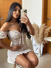 Elegant Off-Shoulder Floral Bodycon Dress - Summer Bohemian Style, Short Sleeve, Polyester, Machine Washable