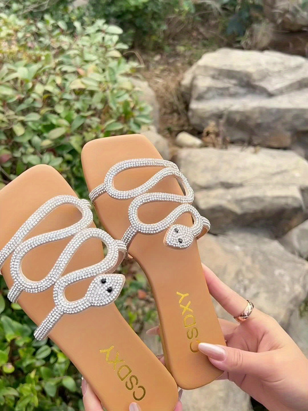 Women’s Snake Pattern Rhinestone Slide Sandals - Elegant Flat Summer Shoes, Non-Slip PU Cover, Open Toe, Stylish Beach & Party Wear, Ladies Sandals