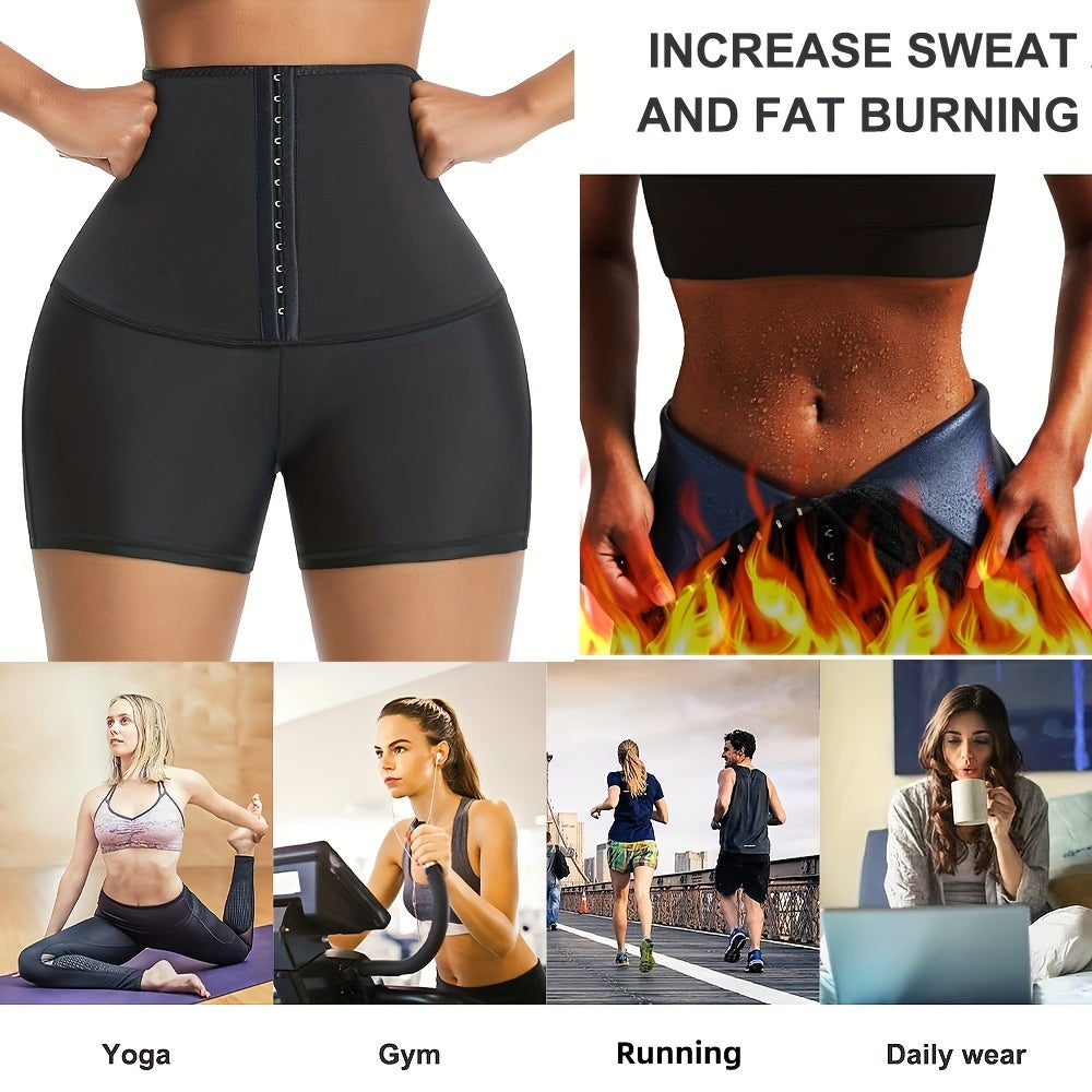 Button Up Sauna Sports Shorts For Women, High Waist Slim Fit Shorts, Compression Heat Exercise Shaping Thigh Three Quarter Pants