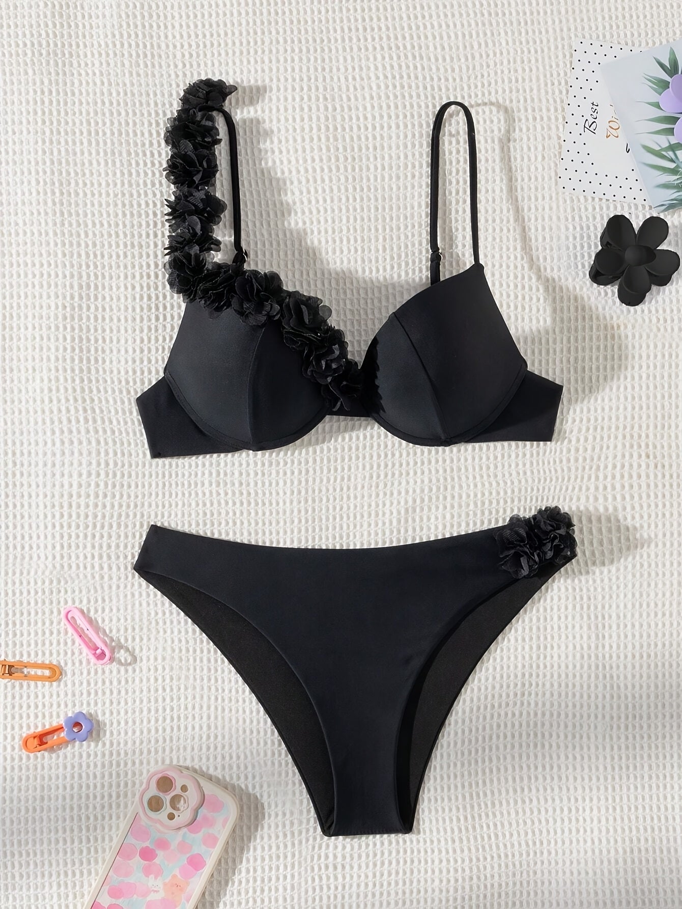 1pc Sexy Floral One-Shoulder Bikini Set, High Stretch Polyamide 80% Elastane 20%, Solid Color Knit Fabric Swimwear