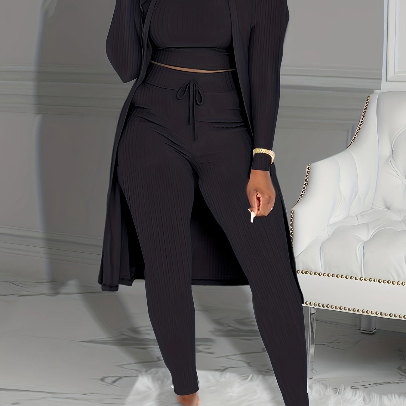 Three-piece Set of Ribbed Solid Casual Outfits, Open Front Long Sleeve Cardigan & Tank Top & Lace Up Pants, Women's Clothing