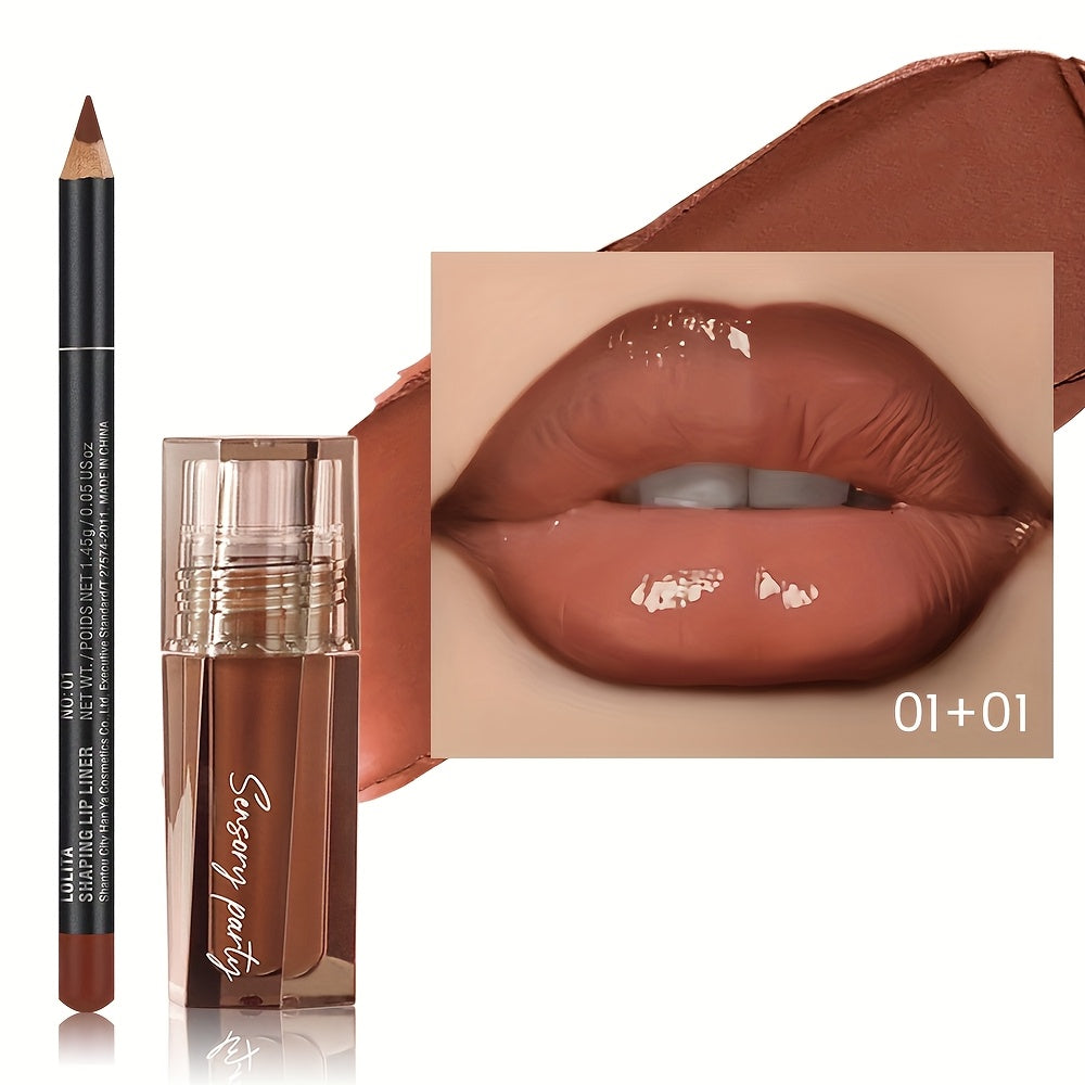 Pudaier Hydrating Lip Gloss & Lip Liner Set - 3D Precision Lip Definition, Dewy Finish for Every Occasion, Long-Lasting Matte Lipstick in Brown, Perfect for All Makeup Styles, Adult Skincare, Everyday Lip Care | Matte Lipstic