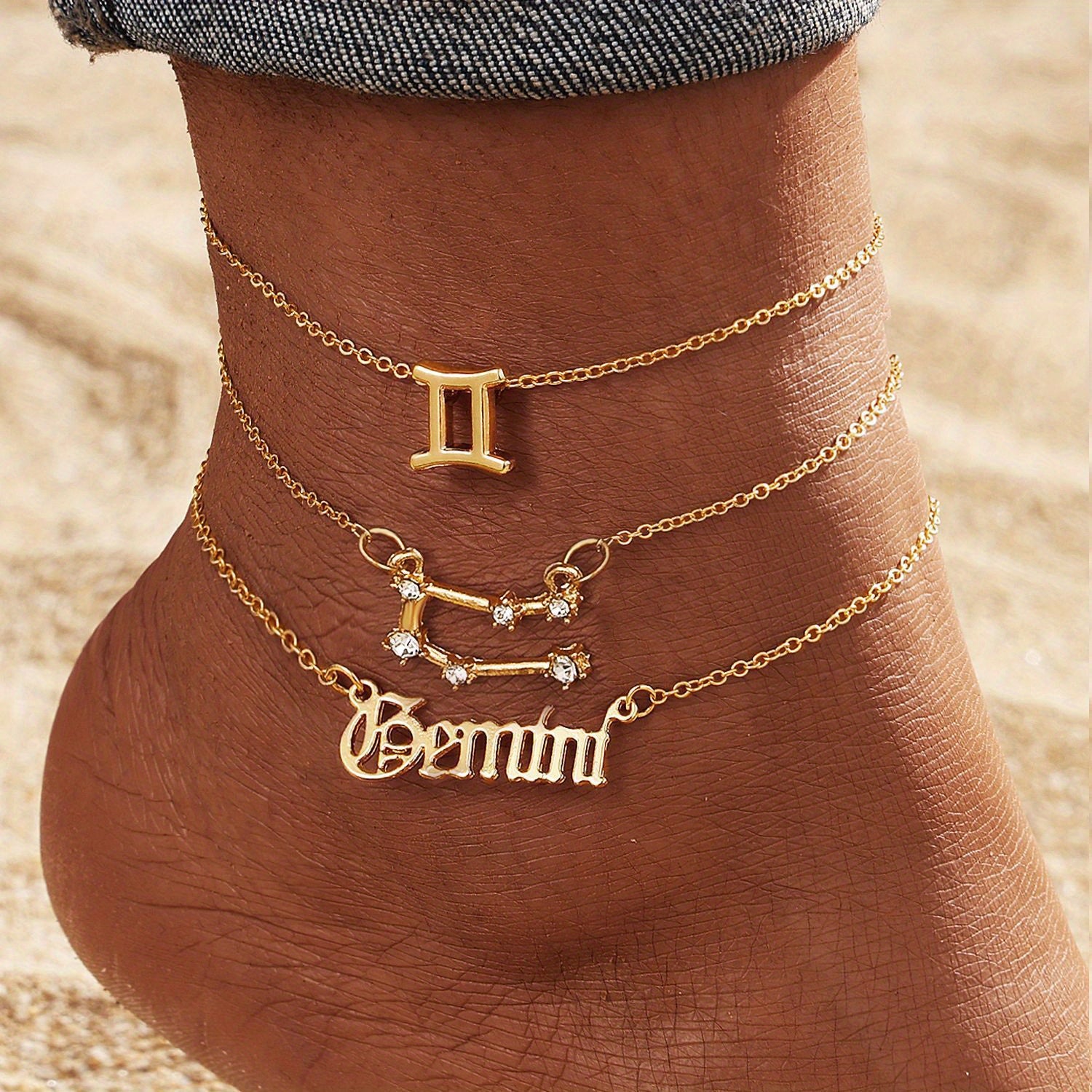 Alloy Inlaid Rhinestone Women'S Zodiac Ankle Chain, Spring And Summer, 3pcs of Beach Barefoot Accessories, Suitable for Vacations, Parties, Dates, Music Festivals