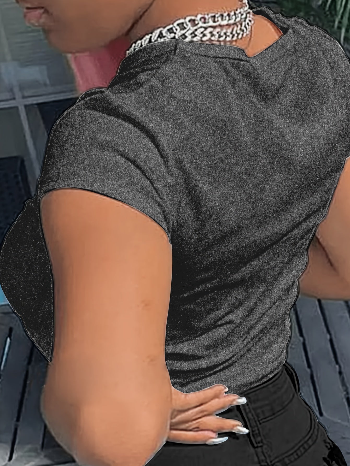 Women'S "Bougie with a Little Bit of Hood" Letter Print T-Shirt, Casual Crew Neck Short Sleeve Top, Polyester 95% Spandex 5% Knit Fabric, Spring/Summer Fashion, Applique Detail