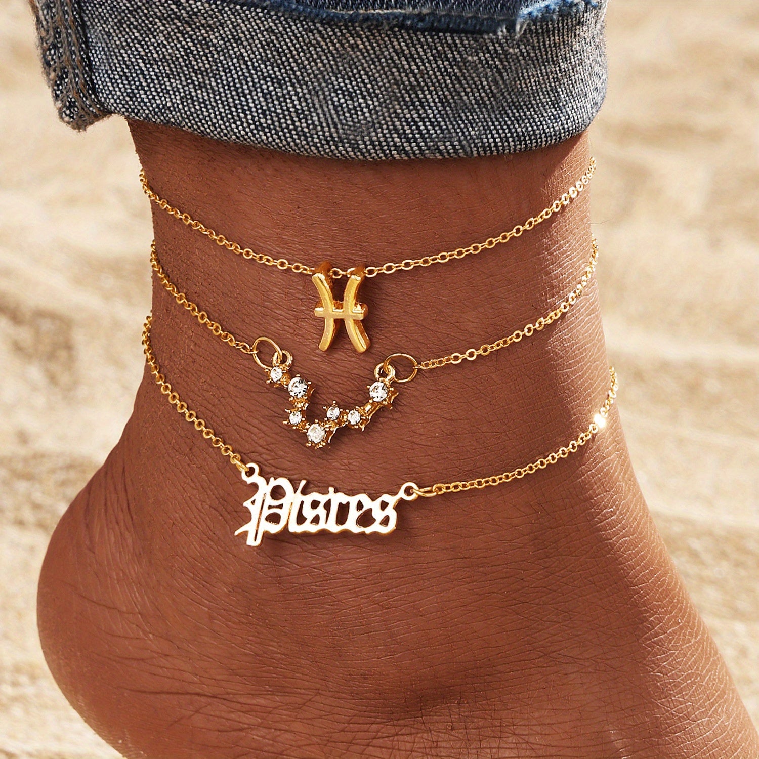 Alloy Inlaid Rhinestone Women'S Zodiac Ankle Chain, Spring And Summer, 3pcs of Beach Barefoot Accessories, Suitable for Vacations, Parties, Dates, Music Festivals