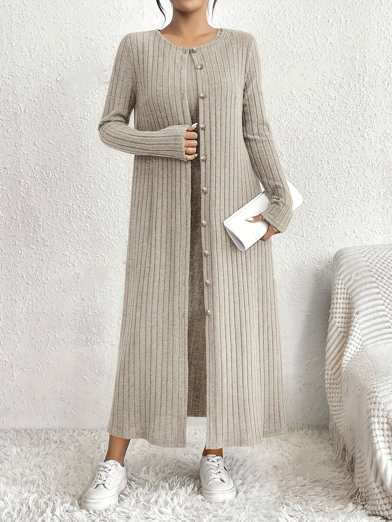 2pcs Set of Elegant Special Women's Ribbed Knit Long Sleeve Cardigan Dress