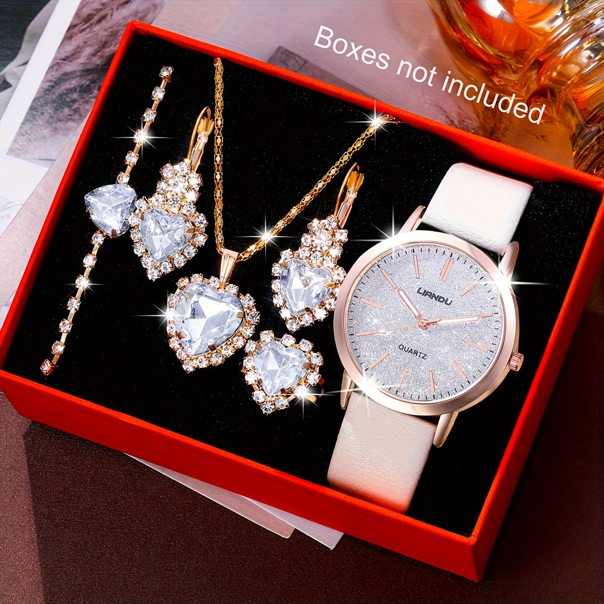 6pcs/Set SOKI Women'S Watch, Glamorous Round Digital Quartz Faux Leather Strap Alloy Case Heart Pendant Necklaces, Earrings, Rings, Bracelets Accessories with Non-rechargeable Button Battery (Diameter＜20mm) for Women's, Mot