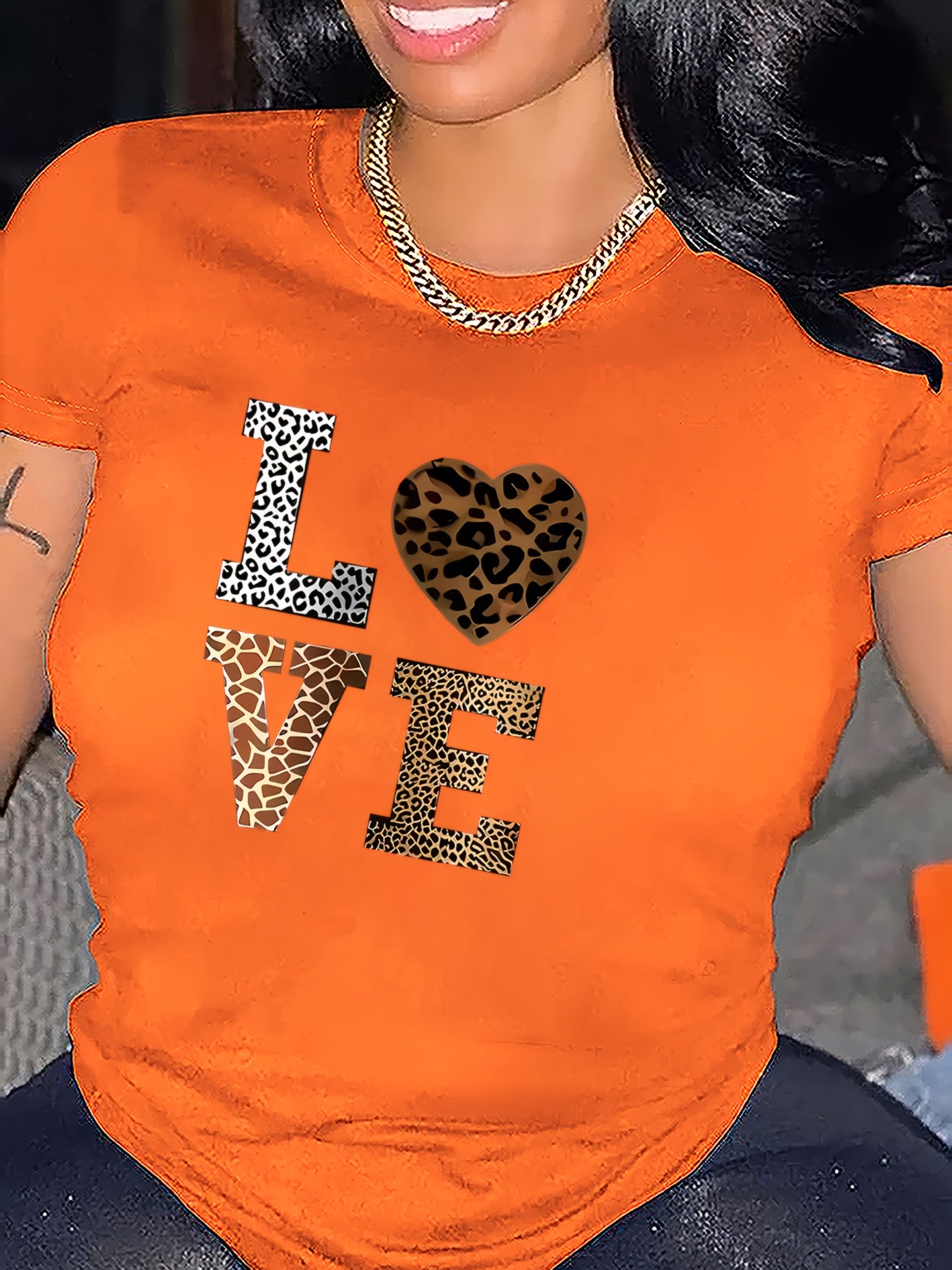 Stylish White 'LOVE' Leopard Heart Print Tee - Casual Round Neck Short Sleeve, 100% Polyester, Machine Washable - Perfect for All Seasons, Casual Wear Tee|Leopard Heart Design|Stretchable Material