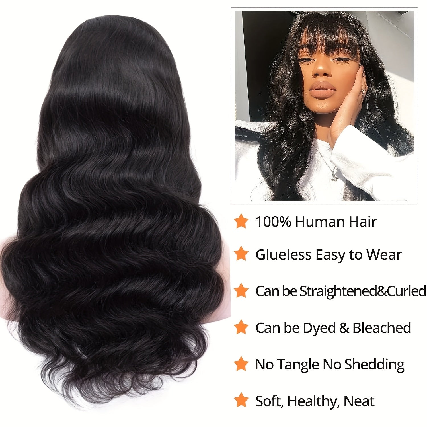 150% Density 100% Brazilian Virgin Human Hair Wig - Long Body Wavy with Bangs, Glueless Full Machine Made, Natural Black #1B - Perfect Gift for Women, New Year, Birthday & Valentine's Day