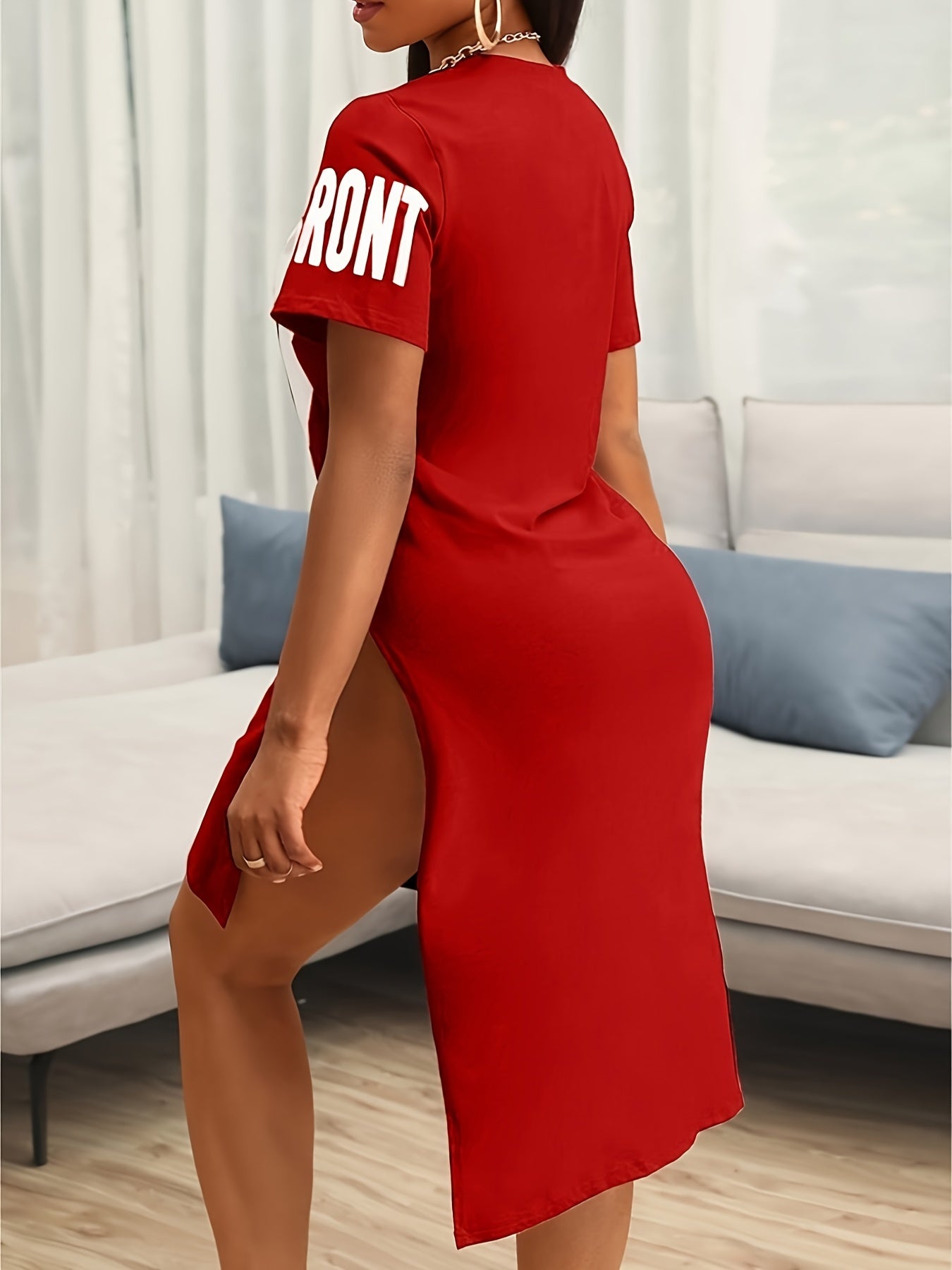Stylish Plus Size Number Print Slit Dress - Women's Plus Size Clothing for Spring & Summer - Casual Short Sleeve, Comfortable, Relaxed Fit, V-Neck, Flattering A-Line Silhouette