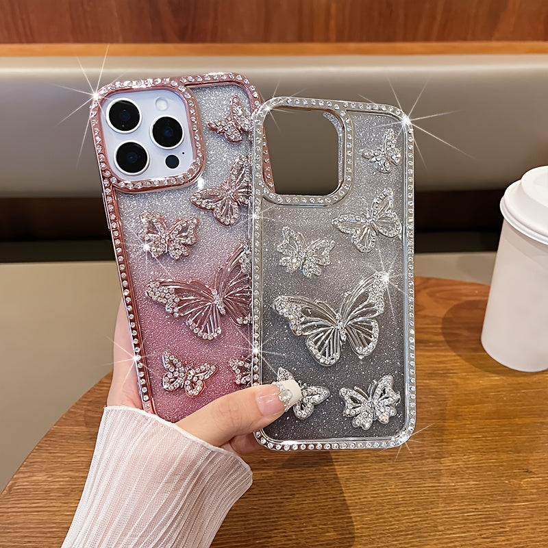 Luxury Cute Girls Phone Case for iPhone 16 Pro Max, Butterfly with Light Rhinestone Case Women for iPhone 15 Pro Max, Aesthetic Bling Glitter Gradient Case for iPhone 14 Pro Max, Shockproof Cover for iPhone 11, 12 Pro Max, 13